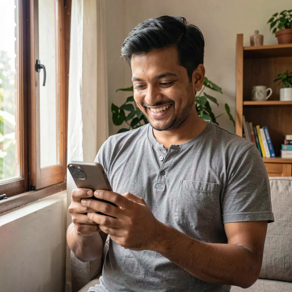 Confident Bangladeshi man standing by a window and checking his phone while using the 786 JL casino app at home