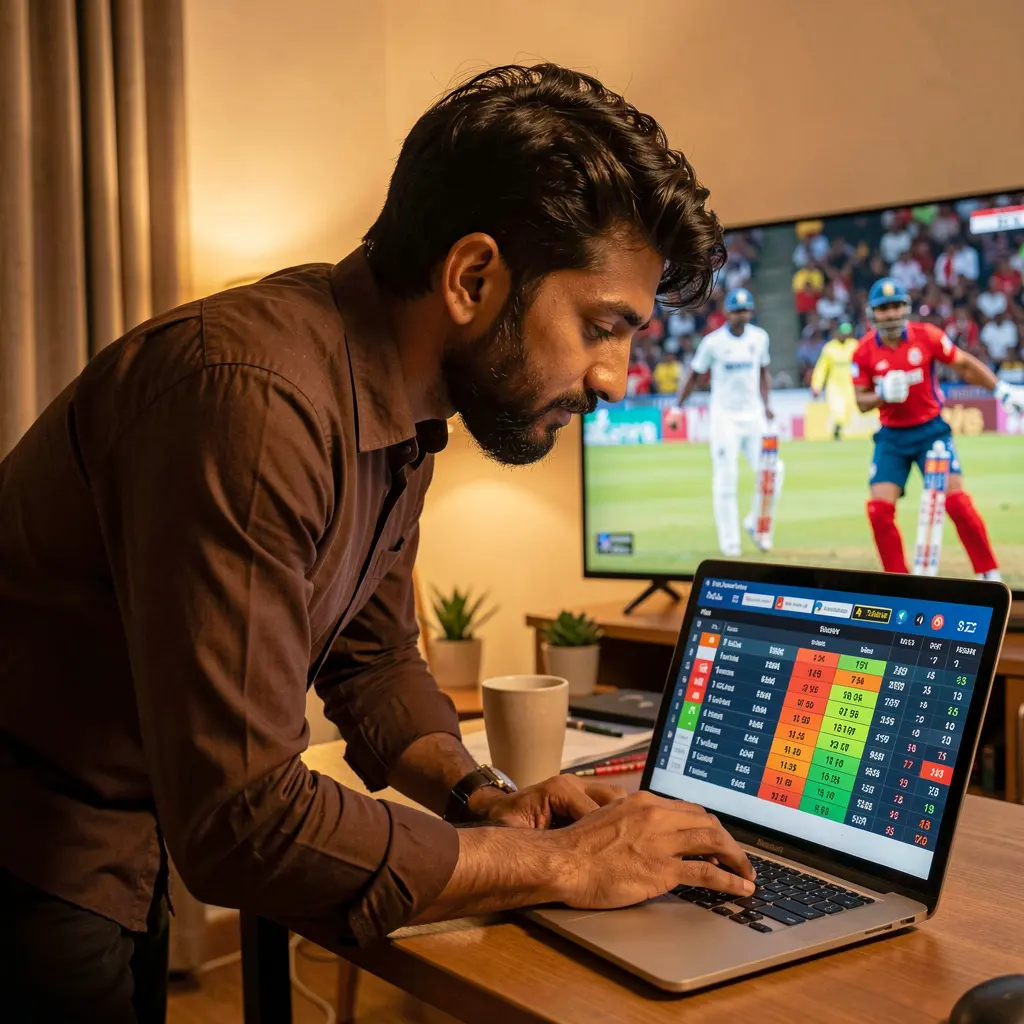 Focused Bangladeshi sports bettor reviewing live cricket odds on a laptop with match highlights on TV behind using the 786 JL betting platform