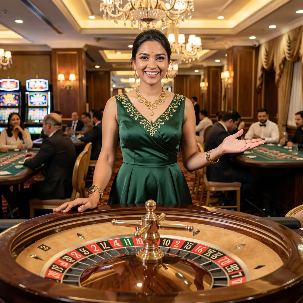 Elegant live casino dealer in a red dress standing at a roulette table in a luxury studio representing the premium live casino experience at 786 JL for players in Bangladesh