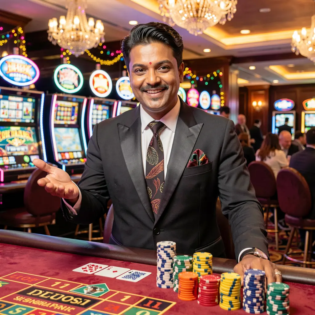 Confident Bangladeshi casino host pointing forward in a lively gaming environment representing trusted access at 786 JL