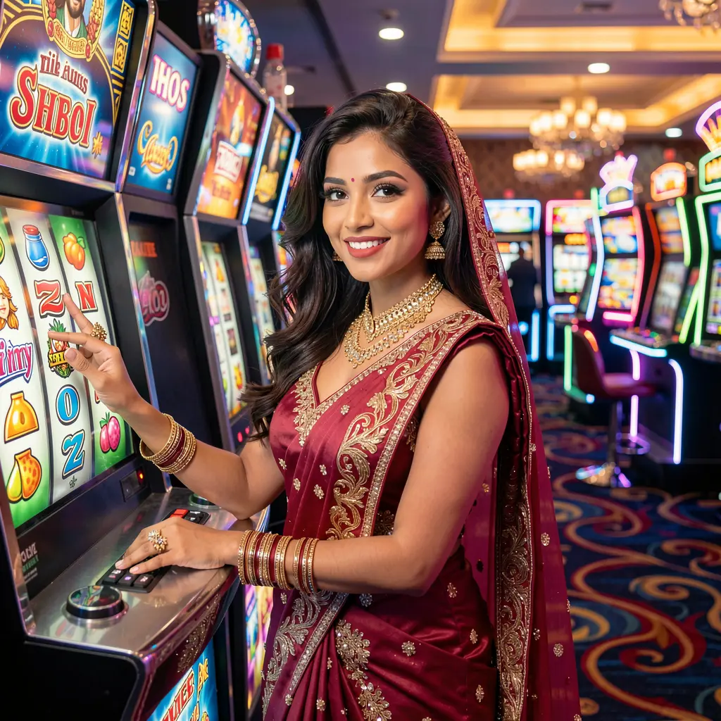 Glamorous woman surrounded by glowing slot reels and casino lights representing the premium online slot experience at 786 JL for Bangladesh players